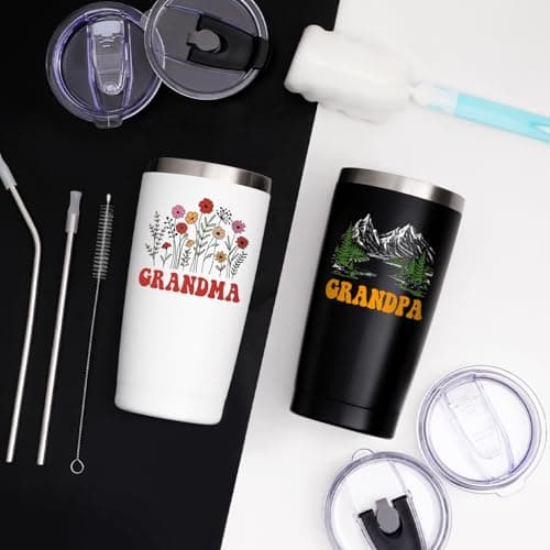 Qtencas Grandma and Grandpa Gifts, Grandparents Christmas Gifts, Grandpa and Grandma insulated Travel Tumbler Set, Gift for Grandparents on Christmas Birthday Anniversary, 20 Oz Black & White