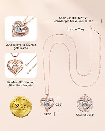 Gifon S925 Sterling Silver Necklace for Women, Wife Jewelry Rose Gold, Mom Birthday Valentines Mothers Day Gifts, Girlfriend Necklaces, Daughter Heart Jewel, Anniversary for Her