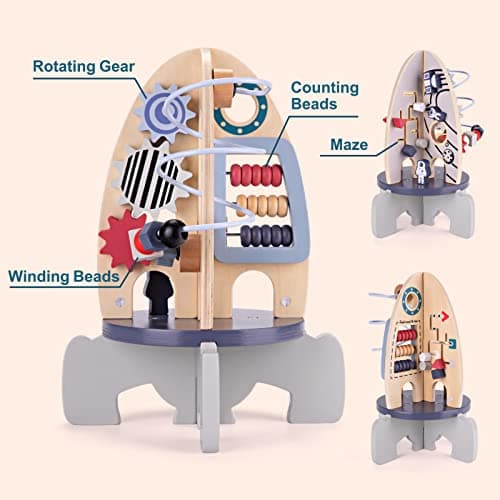 Wdmiya Space Wooden Activity Cube Toys for Baby, Montessoritoys for 1 Year Old Boy & Girl Birthday Gifts, Sensory and Educational 1st Birthday Gifts, Busy Board Toys for Baby Boy 6-18 Months (Rocket)