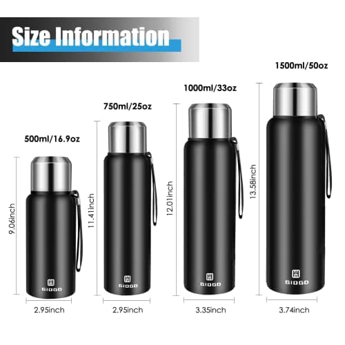 Insulated vacuum Thermo Bottle 500ml/16.9oz with cup Stainless steel coffee bottles for hot and cold drink water flask.(Black,500ml)
