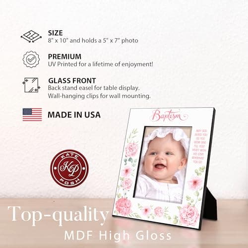 KATE POSH Baptism Picture Frame for Girl, Pink Flowers Decor, Christening, Religisous Gift, From Godparents, New Baby (5x7-Vertical)
