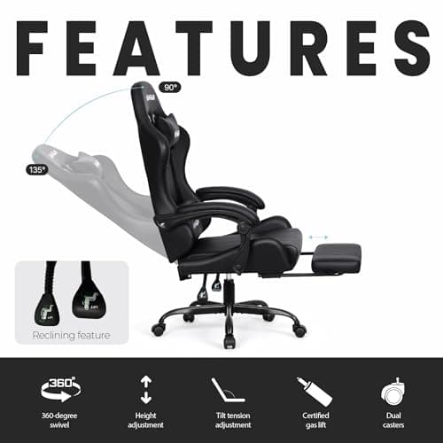 N-GEN GAMING Video Gaming Chair with Footrest Lumbar Support for Home Office High Back Recliner Height Adjustable Ergonomic Comfy Leather Computer Desk Chair (Black)