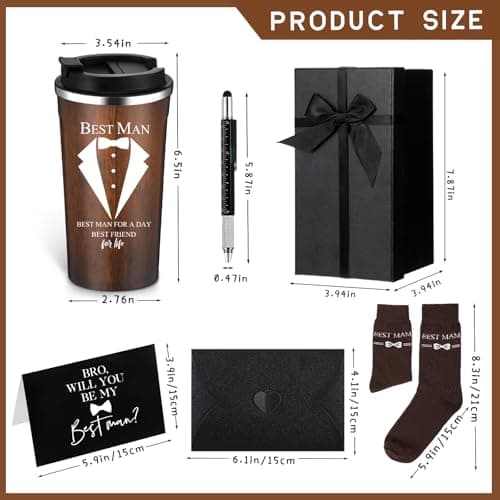 Nuanchu 6 Pcs Best Man Gifts Wedding Proposal Gift for Best Man Groomsman 17oz Office Cup Tumbler Socks Multi Tool Ballpoint Pen with Greeting Card Envelope(Wood Color)