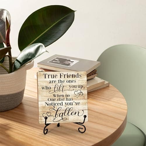 Friendship Quotes Desk Decor Gifts for Women Best Friends, True Friends Are The Ones Who Lift You Up Tabletop Sign, Motivational Wood Plaque With Iron Stand for Home Office Bedroom -16