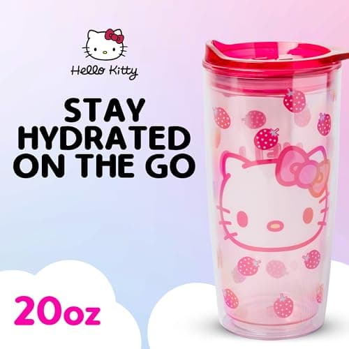 Silver Buffalo Sanrio Hello Kitty Strawberry Double Wall Travel Tumbler with Slide Close Lid, 20 Ounces