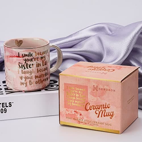 Hendson Sister In Law Gifts for Christmas - Funny Sister In Law Birthday Gift, Sis Engagement, Wedding Gift, New Sis InLaw, SIL To Be, Christmas - I Smile Because - Pink Marble Mug, 11.5oz Coffee Cup