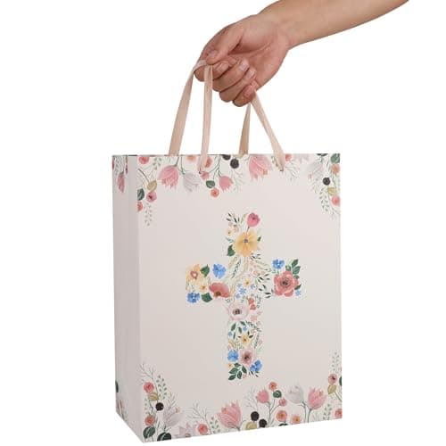 Qirrmiy 13" Large Light Yellow Floral Gift Bag Set with Greeting Card and Tissue Papers for First Communions, Baby Girl Baptisms, Christenings, Religious Occasions - 10.2'x5.2'x13', 1 Pcs.