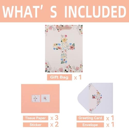 Qirrmiy 13" Large Light Yellow Floral Gift Bag Set with Greeting Card and Tissue Papers for First Communions, Baby Girl Baptisms, Christenings, Religious Occasions - 10.2'x5.2'x13', 1 Pcs.