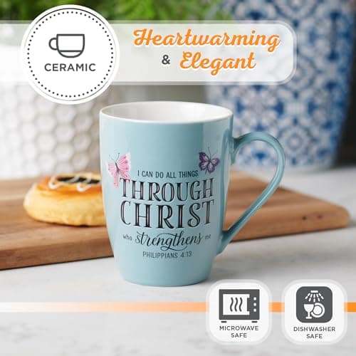 Christian Art Gifts Inspirational Microwave/Dishwasher Safe Ceramic Coffee & Tea Scripture Mug for Women: All Things Through Christ Encouraging Bible Verse, Cute Butterflies, Light Blue/White, 12 oz.