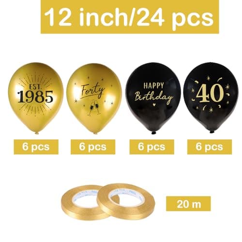 24pcs 40th Birthday Balloons Decorations for Men Women Black Gold Happy 40th Birthday Decorations Latex Balloons