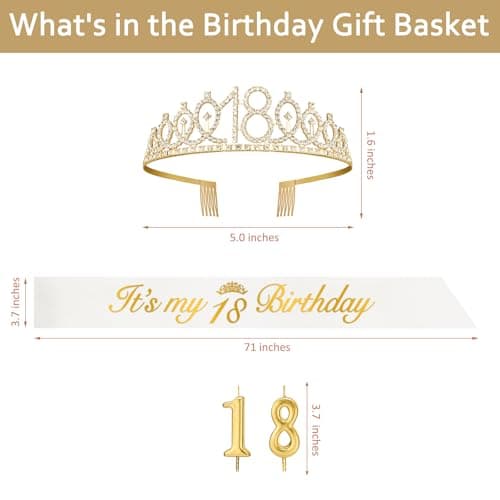 18th Birthday Decorations for Girls with 18th Birthday Sash White and Tiara Gold, Number Candles Gold, 18 Year Old Girl Gifts