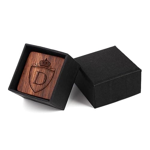 Mens Initial Silver Cufflinks A-Z Alphabet Letter Steel Cuff Links with Engraved Walnut Wood Box Groom Groomsman Wedding Set…