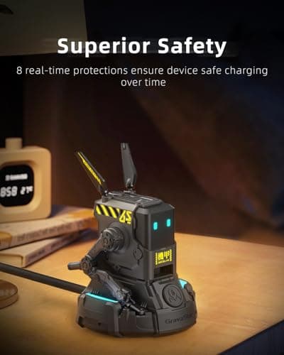 GravaStar 65W Alpha65 Robot Fast GaN Charger Block, 3-Port Fast Charger, Foldable Wall USB C Charger for iPhone, MacBook, iPad, Laptop, Steam Deck, Gifts for Men (65W, Gray)