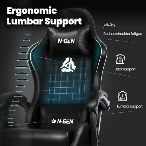 N-GEN GAMING Video Gaming Chair with Footrest Lumbar Support for Home Office High Back Recliner Height Adjustable Ergonomic Comfy Leather Computer Desk Chair (Black)