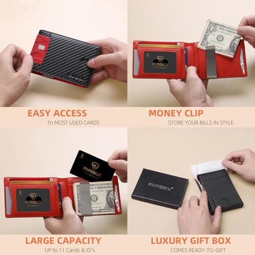 RUNBOX Money Clip Slim Wallets for Men RFID Blocking 11 Card Holder Minimalist Small Leather Bifold Men's Front Pocket Wallet Gift Box