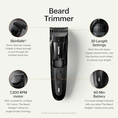 MANSCAPED MANSCAPED® The Beard Hedger® Premium Men's Beard Trimmer, 20 Length Adjustable Blade Wheel, Stainless Steel T-Blade for Precision Facial Hair Trimming, Cordless Waterproof Wet/Dry Clipper