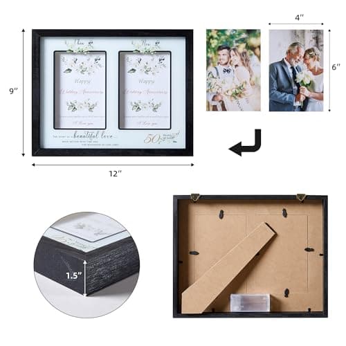 Then & Now 50th Anniversary Picture Frame for Couple, Celebrate Years of Love Anniversary Wooden Photo Frame for Parents, Husbands, Wives, Wedding Engagement Gifts, Double Frame 4x6 Photos Black