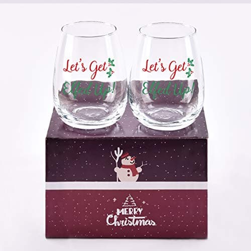 Let's Get Elfed Up Christmas Wine Glass, 15 Oz Funny Stemless Wine Glasses for Women Friends Men, Gift Idea for Christmas Wedding Party, Set of 2