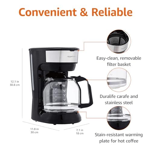 Amazon Basics Coffee Makers, 12-Cup Coffee Machines with Reusable Filter, Coffee Pots, Black & Stainless Steel