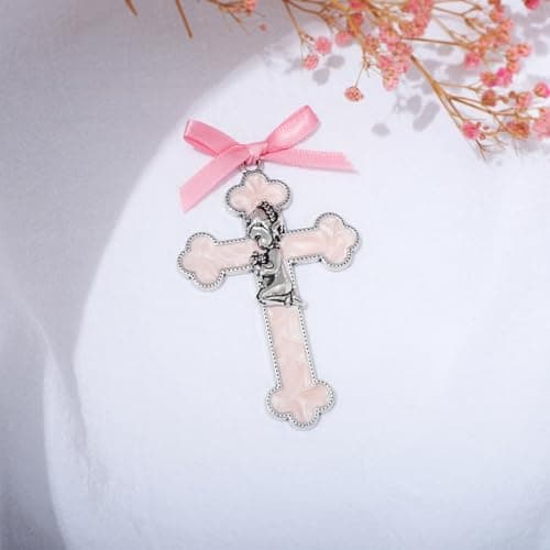 KOMI Pink Enamel Baby Wall Cross Christening Gifts Praying Girl Cross Christening and Dedication Baptismal Gifts from Godparents