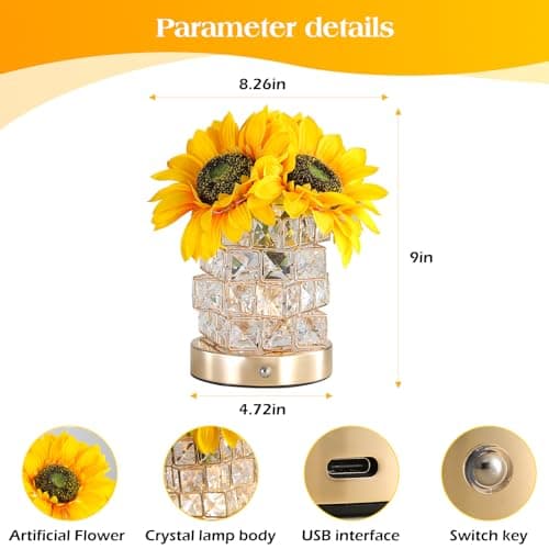 Sunflowers Flower Lamp,Rechargeable Cordless Touch Table Lamp,3-Colour Infinitely Dimming Small Night Light,Festival Restaurant Bedroom Bar Coffee Shop Birthday Gifts for Women Mom