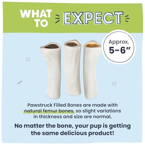 Pawstruck Large 5-6” Filled Dog Bones Variety Pack - Peanut Butter, Cheese & Bacon, Beef Flavors - Made in USA, Long Lasting Stuffed Femur Treat for Aggressive Chewers - Pack of 3, Packaging May Vary