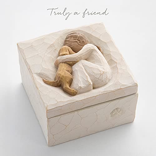 Willow Tree True, Truly a Friend, Box for Jewelry and Treasures with Bas-Relief Carving of Girl with Puppy Dog, Sculpted Hand-Painted Keepsake Box