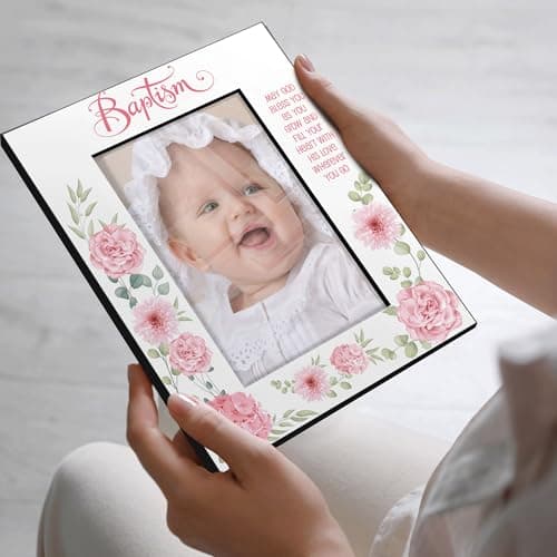 KATE POSH Baptism Picture Frame for Girl, Pink Flowers Decor, Christening, Religisous Gift, From Godparents, New Baby (5x7-Vertical)