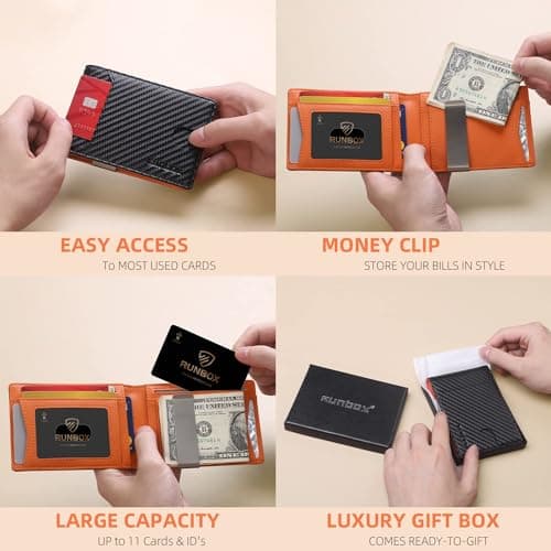 RUNBOX Slim Wallets for Men - Leather Money Clip Mens Wallet - RFID Blocking Front Pocket Bifold Wallet - Thin Credit Card Holder with Gift Box