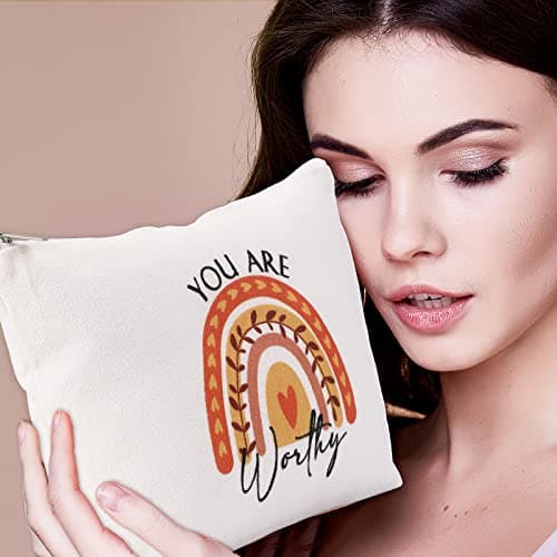 Coume 10 Pcs Rainbow Canvas Makeup Bags Bulk Inspirational Quotes Cosmetic Zipper Personalized Encouragement Travel Pouch Toiletry Bag for Women Girls Teacher Friend Birthday