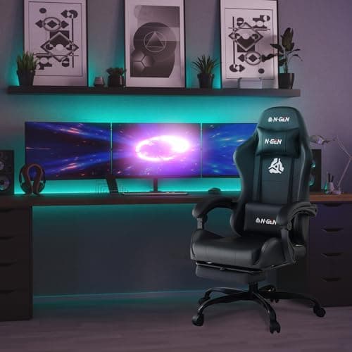 N-GEN GAMING Video Gaming Chair with Footrest Lumbar Support for Home Office High Back Recliner Height Adjustable Ergonomic Comfy Leather Computer Desk Chair (Black)