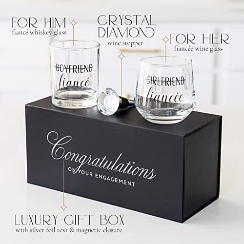 Engagement Gifts for Couples - Unique Fiance Gift for Him or Her! Whiskey Wine Glasses with Diamond Wine Stopper
