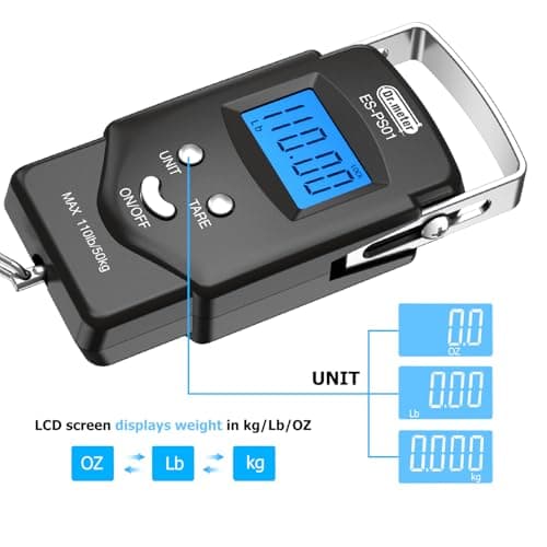 Fish Scale Luggage Scale Fishing Gear - 110lb Backlit LCD Display Digital Scale with Built-in Measuring Tape - Fishing Scale with 2 AAA Batteries, Pocket Size - Fishing Gifts for Men