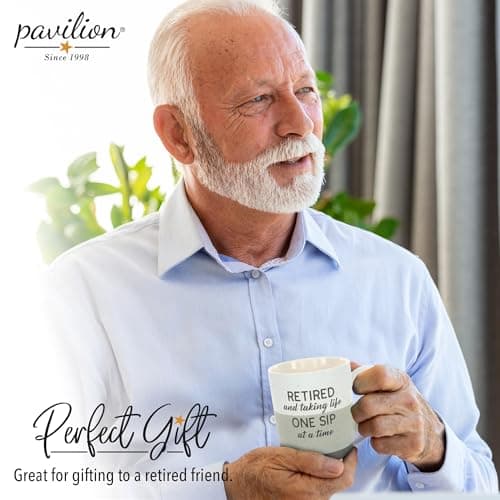 Pavilion Retirement Coffee Mug - "Retired & Taking Life One Sip at a Time" Text Design - Speckled Stoneware Coffee Cup for Retirees, Microwave & Dishwasher Safe, Beige w/ Bronze Metallic Bottom, 15 oz