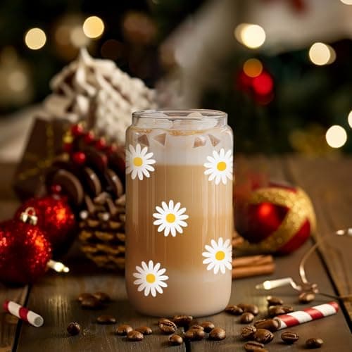 GSPY Daisy Aesthetic Gifts, Iced Coffee Cup, Cute Glass Cups with Lids and Straws - Cute Mugs, Flower Mug, Glass Tumbler - Retro, Christmas, Birthday Gifts for Women, Coffee Lovers, Friend, Girls, Mom