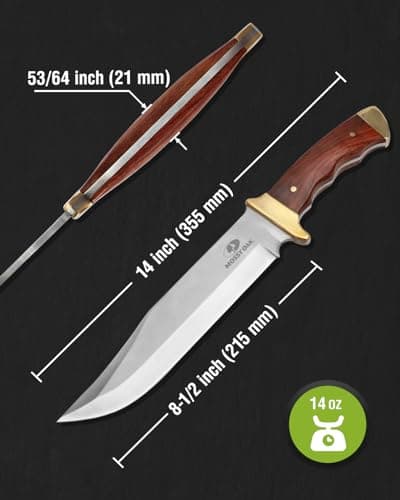 Mossy Oak 14-inch Bowie Knife, Full-tang Fixed Blade, Wood Handle Hunting Knife with Leather Sheath for Camping, Hiking, Survival