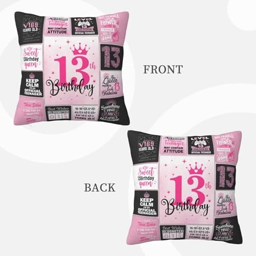13th Birthday Gifts for Girls, 13 Year Old Girl Birthday Gift Ideas, 13 Yr Old Girl Presents Decorations for Girls Throw Pillow Covers 18x18 Inch