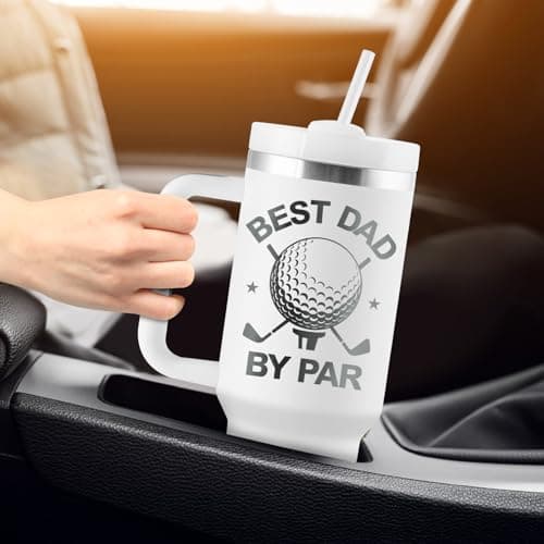 Golf Gifts for Dad - Fathers Day Golf Gifts for Men - Funny Golfer Gift Ideas for Him - Best Dad By Par - 40oz Travel Cup Insulated Tumbler with Handle & Straw