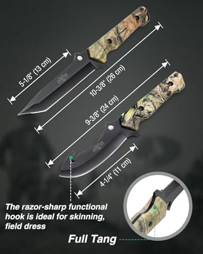 Mossy Oak Fixed Blade Hunting Knife Set - 2 Piece, Full Tang Handle Straight Edge and Gut Hook Blades Game Processing Knife, Sheath Included - Yellow Camo