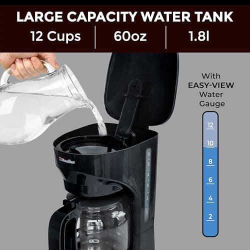 Mueller 12-Cup Drip Coffee Maker - Borosilicate Carafe, Auto-Off, Reusable Filter, Anti-Drip, Keep-Warm Function, Clear Water Level Window Coffee Machine, Kitchen Essentials & Accessories