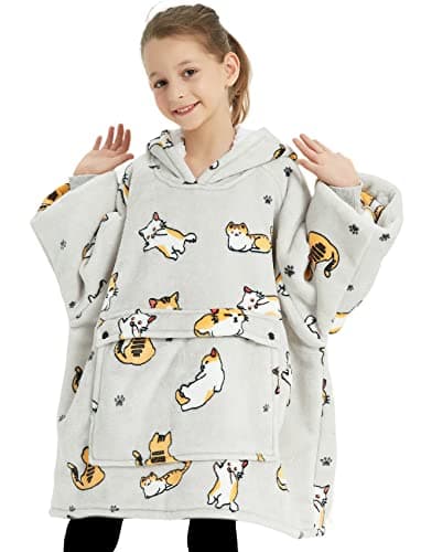 KFUBUO Wearable Blanket Hoodie for Kids Sherpa Patterns Oversized Sweatshirt Blanket With Pocket 6-10 Year Old Girl Boy Birthday Gifts Cat