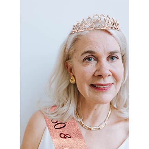 CIEHER 80th Birthday Crown + Sash + Pearl Pin Set, Elegant Gift for Women's 80th Birthday Party Decorations