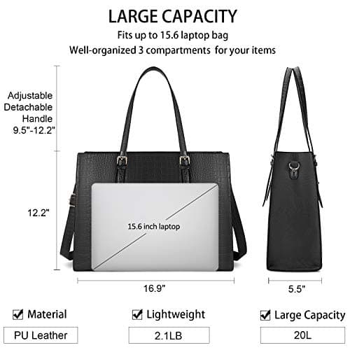 Laptop Bag for Women 15.6 Inch Laptop Tote Bag Leather Classy Computer Briefcase for Work Waterproof Handbag Professional Shoulder Bag Women Business Office Bag Large Capacity Black