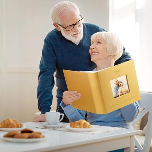 Memory Photo Album Holds 200 Pcs 4 x 6 Inch Leather Wedding Anniversary Family Photo Album with Front Window Double Heart Memory Scrapbook for Couple Gifts(50th Anniversary)