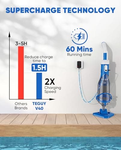 Cordless Pool Vacuum with Telescopic Pole, 18.5 GPM Powerful Suction, 1.5H Supercharge Technology, Handheld Rechargeable Pool Vacuum Cleaner for Above Ground/Inground Pools, Hot Tubs, Spas