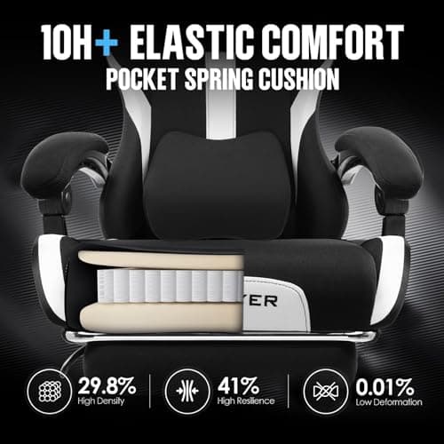 GTRACING Gaming Chair Ergonomic Office Chair with Foot Rest & Pocket Spring Cushion, Breathable Fabric Computer Chair with Headrest & Lumbar Support, High Back Game Chair for Adults, Coal-Black
