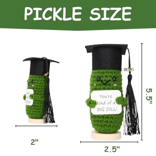Graduation Gifts 2025 – Big Dill Crochet Pickle with Stand & Keychain | Handmade Grad Gift for High School, College, University, Nurses, PhD. Gifts for Her