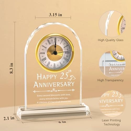 25th Anniversary Wedding Decorations - Crystal Clock & Keepsake Gifts for Couple & Parents