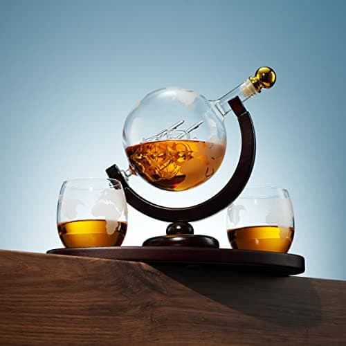 Gifts for Men, Whiskey Decanter Globe Set with 2 Etched Whiskey Glasses - for Liquor Scotch Bourbon Vodka, Gifts For Dad - 850ml
