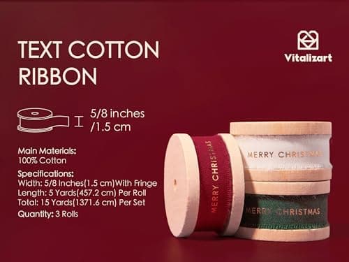 Vitalizart Merry Christmas Ribbon 5/8 Inch Natural Cotton Handmade Frayed Fringe Ribbons 15 Yd for Gift Wrapping Crafts Flower Wreath Garland Holiday Decorations Green Red White